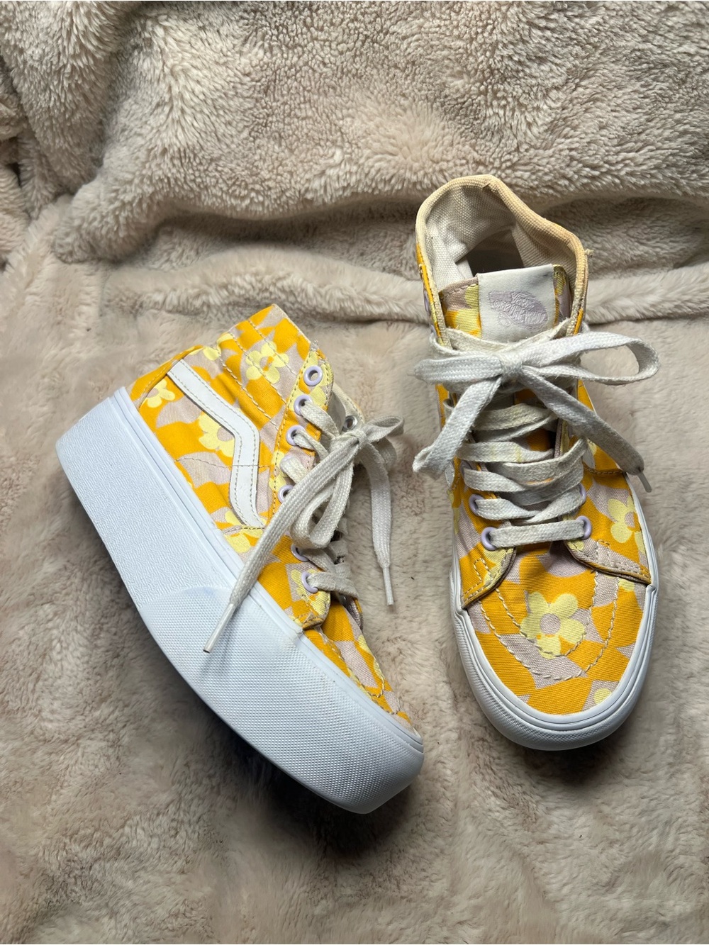 Vans Sk8-Hi Tapered Stackform yellow and purple floral platform sneakers Womens